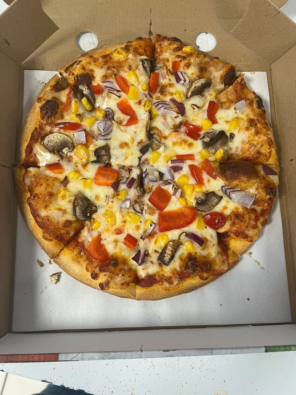 Baked pizza with mushrooms and vegetables